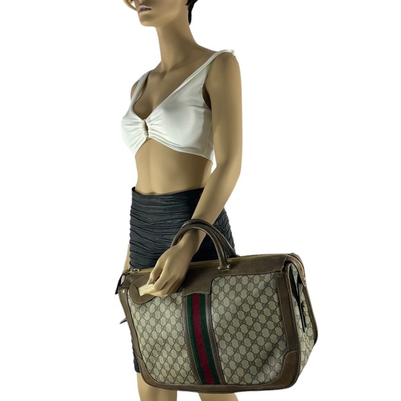 80's GUCCI Brown Supreme Canvas Web Carrier Boston Weekender Bag Made in Italy - Picture 17 of 17